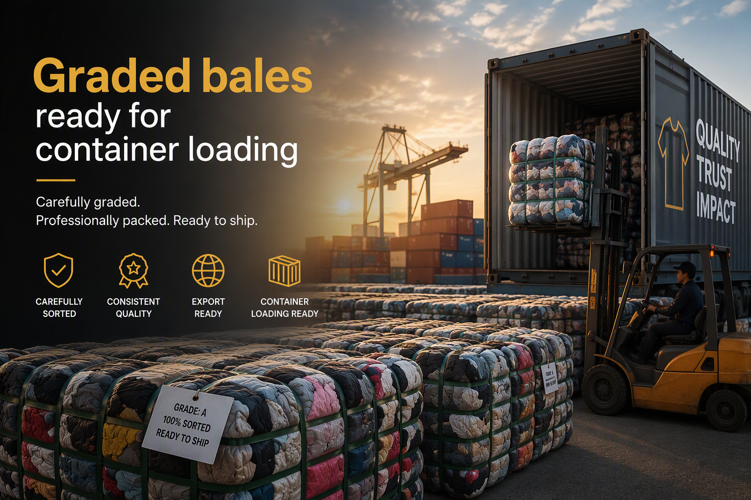 Premium graded used clothing bales – consistent quality sorted by season, gender, and grade tier
